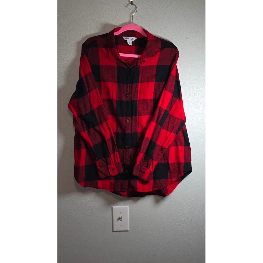 Old Navy The Classic Shirt Womens XL Red Black Buffalo Plaid Cotton Button Down